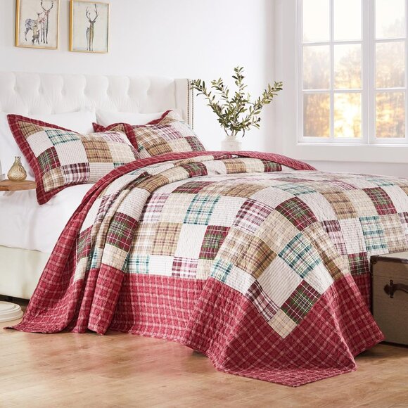 Greenland Home Oxford 100% Cotton Quilted Bedspread Set, 3-Piece Jumbo King, Red - Picture 5 of 6